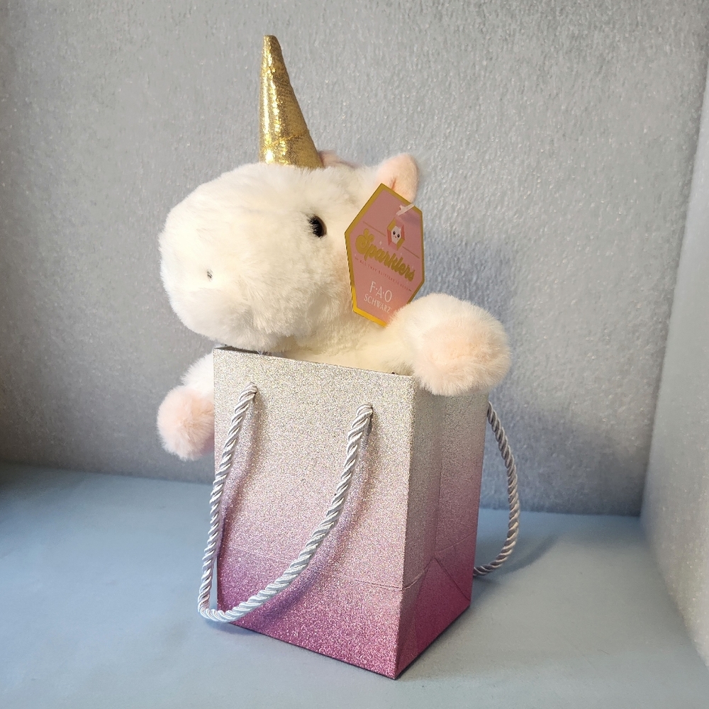 NWT FAO Schwarz Sparklers Mini 8" pink Unicorn Plush in a bag